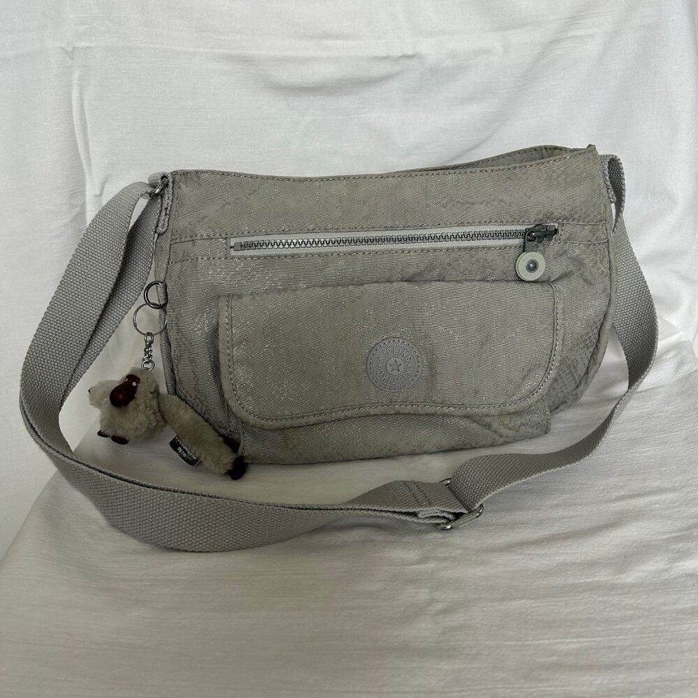 Kipling Syro Crossbody Bag Light Gray Silver Sheen Nylon w/ Monkey Charm